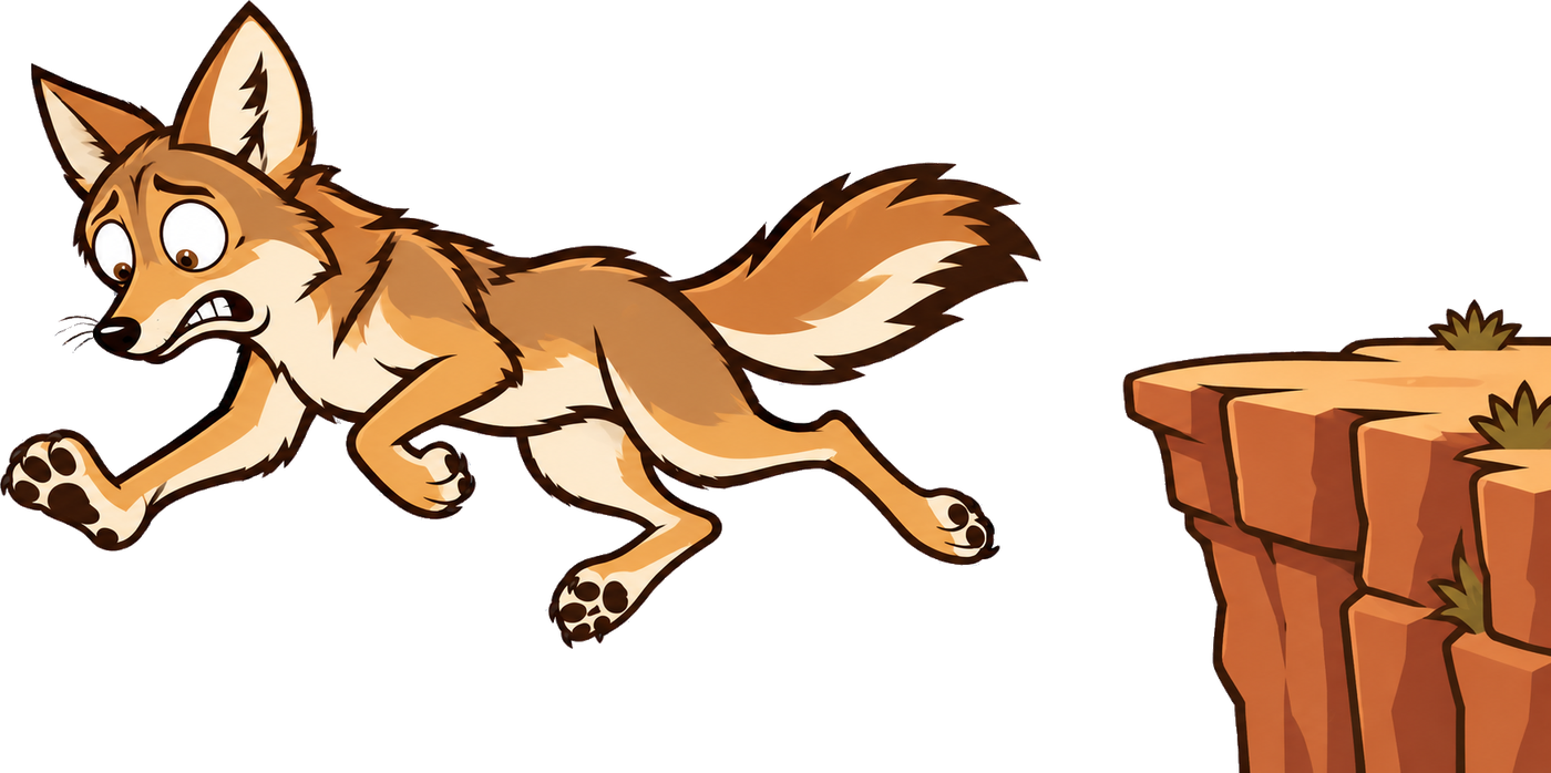 A worried cartoon coyote running in mid-air, past the edge of a cliff