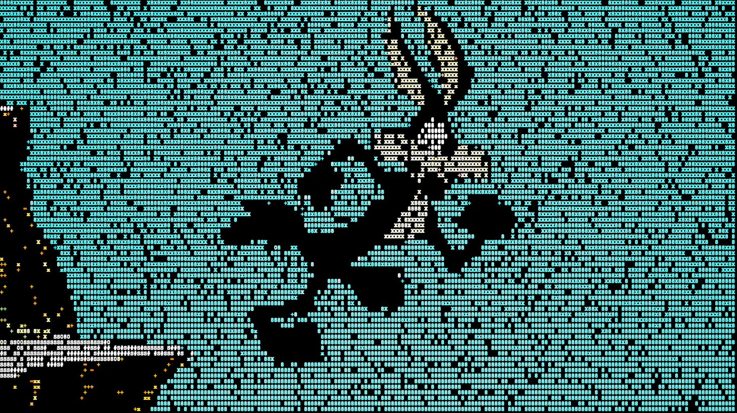 Wile E. Coyote running off the cliff, drawn as ASCII art: teal characters on black, the cliff edge in orange on the left